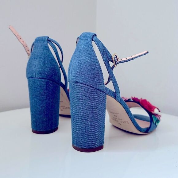 ⭕️ KATE SPADE Obelie Heels Sandals Denim Flowers Blue - Picture 6 of 8